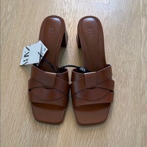 ZARA Tan Braided Strap Block Heel Mules